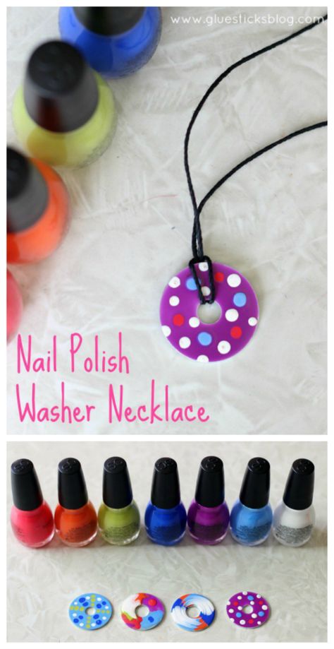 Nail Polish Craft Ideas, Metal Washer Crafts, Teen Camp Crafts, Craft Camp Ideas, Church Camp Crafts For Teens, 4 H Project Ideas For Kids, Church Crafts For Teens, Church Camp Crafts, Washer Necklace Nail Polish