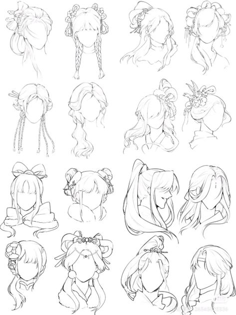 Hairstyle Fantasy Drawing, Royalty Hairstyles Drawing, Women Hair Sketch, Short Female Hairstyles Drawing, Elegant Hairstyles Drawing, How To Draw Cute Hairstyles, Dynamic Hair Drawing, Bubble Braid Drawing, Flowy Hair Drawing Reference