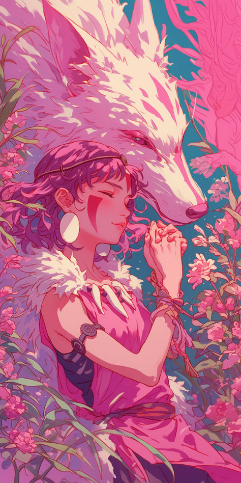 Princess Mononoke Iphone Wallpaper, Princess Mononoke Illustration, Studio Ghibli Art Ponyo, Ghibli Illustration Art, Pink Studio Ghibli Wallpaper, Studio Ghibli Background Wallpapers, Gibli Studio Aesthetic Wallpaper, Aesthetic Studio Ghibli Wallpaper, Gibli Studio Wallpaper