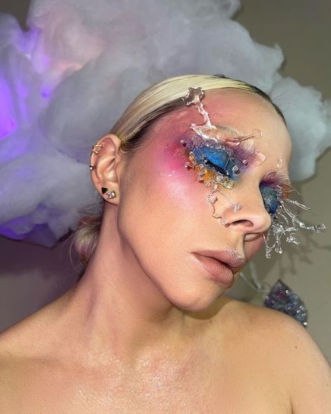 Water Drop Makeup, Colorful Creative Makeup, Rain Makeup, Sea Creature Costume, Creature Costume, Indie Makeup Brands, Rain Droplets, Runway 2023, Shoot Makeup