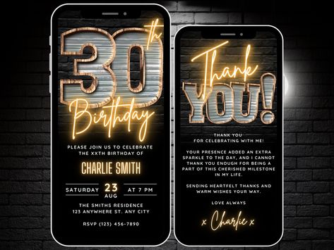 Digital 30th Birthday Invitation for Men, 30 Digital Invite eCard, Rustic Thirty BBQ Party Invite for Him, Editable 30 Invitation Template by WhimsicalThingsInc on Etsy Birthday Invitation For Men, Bbq Party Invitations, Neon Text, Animated Invitations, 40th Birthday Invitations, Digital Invite, Rustic Invitations, Bbq Party, Birthday Gif