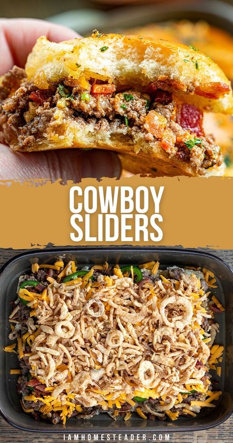 A hand holding a cowboy slider, and an overhead of the sliders before baking. Upscale Bar Food Ideas, Cowboy Recipes, Slider Recipes, Party Platters, Football Food, Beef Dinner, Game Day Food, Ground Beef Recipes, Main Meals