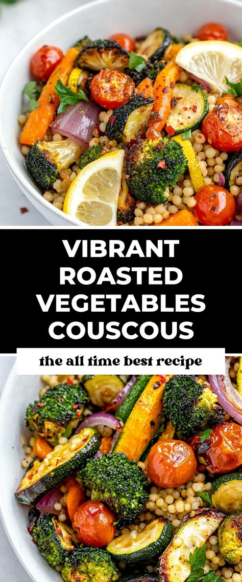 Image for Vibrant Roasted Vegetables Couscous Couscous With Vegetables, Dinner Recipes With Couscous, Sausage And Couscous Recipes, Couscous Vegan Recipes, Roasted Veggie Dinner, Meals With Couscous, Giant Couscous Recipes, Pearl Couscous Recipes Dinner, Couscous Meal Prep