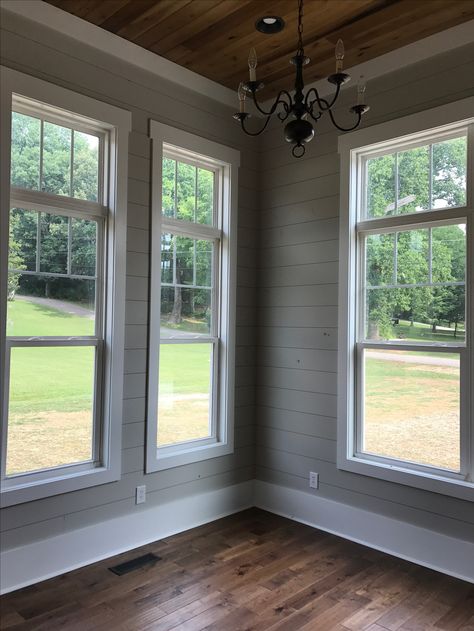 Office. Shiplap, SW Repose Gray. Chandelier was reclaimed from the old Big Cove Free Holiness Church. Shiplap Room, Gray Chandelier, Sw Repose Gray, Gray Shiplap, Farmhouse Trim, 4 Season Room, Shiplap Wall Diy, Repose Gray, Sunroom Designs