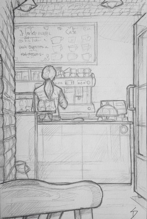 Cafe Perspective Drawing, Cozy Art Drawing, Cafe Sketch Drawing, Nid Sketches, Cake Sketch Drawings, Drawing Of Cake, Café Drawing, Coffee Sketch Drawing, Cute Cafe Drawing