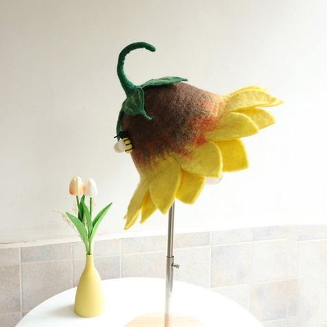 Sun Flower Hat Felted Wool Bucket Hat Funny Novelty Cartoon | Etsy Lotus Flower Drawing, Flower Bucket Hat, Wool Bucket Hat, Clown Dress, Foam Wigs, Sunflower Hat, Felted Hat, Hat Flower, Cartoon Flower