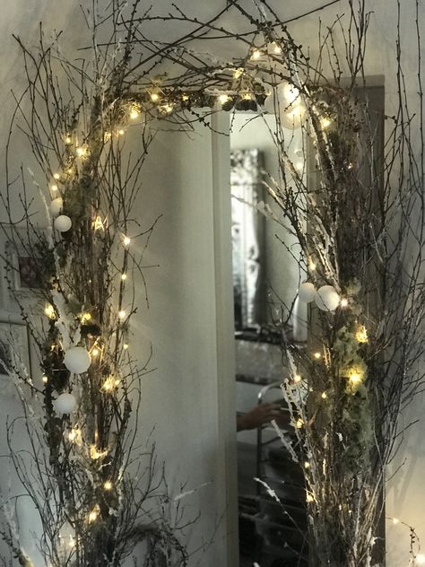 Twig archway Twigs And Branches Decor Christmas, Santas Grotto Design Ideas, Tree Branch Christmas Decor, Twig Archway, Christmas Archway Decor Indoor, Twig Arch, Christmas Doorway, Santas Grotto, Twigs Decor