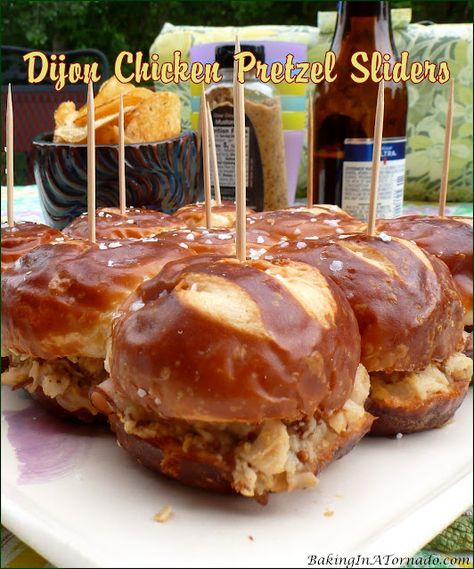 Dijon Chicken Pretzel Sliders by Baking In A Tornado Pretzel Roll Sandwich, Chicken Pretzel, Pretzel Sliders, Pretzel Roll, Pretzel Chicken, Sliders Recipes Chicken, Bon Appetite Recipes, Dijon Chicken, Spicy Cheese