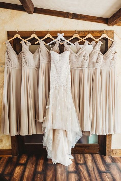 Bride And Bridesmaid Pictures Dresses, Wedding Dress And Bridesmaid Dress Photo, Bridal Party Dresses Hanging Photo, Wedding Day Dress Photos, Day Of Wedding Pictures Photo Ideas, Hanging Bridesmaid Dresses, Bridal Party Hanging Dress Pictures, Getting Ready Pictures Wedding Bridesmaid, Dress Hanging Wedding Photos