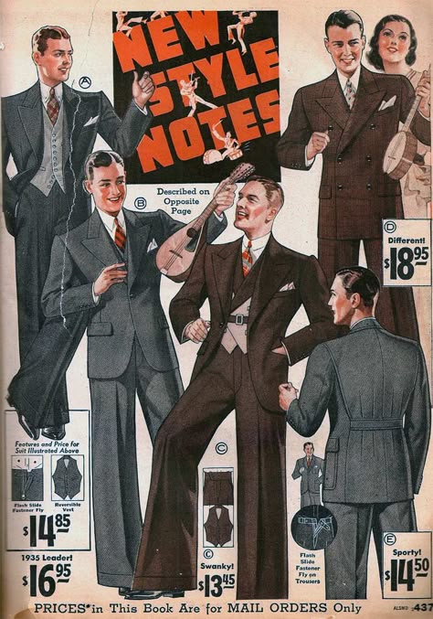 Men's suits with wide-leg trousers, Sears catalog,1934. Mens Fashion 1930s, 30s Mens Fashion, 1930s Mens Fashion, 1930s Men, Sears Catalog, Lindy Hop, 30s Fashion, Vintage Mens Fashion, Vintage Suits