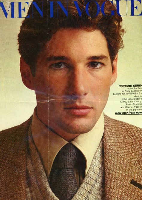 Richard Gere wearing Pringle of Scotland in Men's Vogue 1978 #RichardGere #Vogue #PringleOfScotland Richard Gere Young, Richard Gear, Male Movie Stars, Richard Gere, Anthony Hopkins, Kevin Costner, Marlon Brando, Harrison Ford, Steve Mcqueen