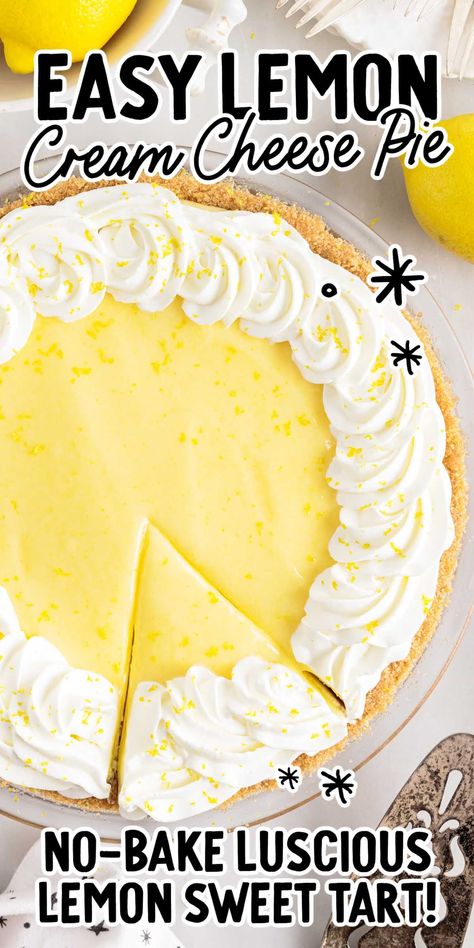 This lemon cream cheese pie is the ultimate creamy dessert brimming with soft layers of cream cheese, lemon curd, and whipped cream. Marie Calendars Lemon Cream Cheese Pie, Lemon Curd Cream Cheese Filling, Lemon Curd Pie Filling, Recipes With Lemon Curd Desserts, Lemon Curd And Cream Cheese, Cream Cheese Lemon Pie Recipe, Cream Cheese Lemonade Pie Recipe, Lemon Curd Pie Recipe, Lemon Pie With Cream Cheese