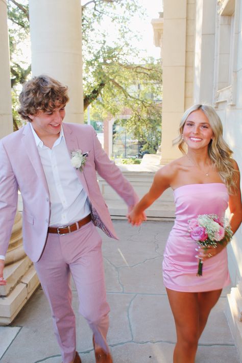 Pink Men Outfit Formal, Pink Hoco Dress With Date, Couple Hoco Poses Funny, Homecoming With Date, Hoco Looks For Guys, Cute Hoco Poses With Boyfriend, Cute Hoco Couple Poses, Cute Couple Pics Homecoming, Hoco Inspo Couple