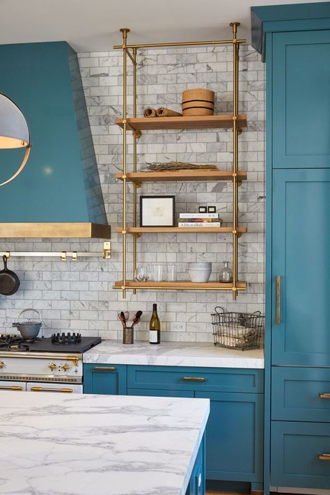 Teal Kitchen Cabinets, Bistro Shelving, Brass Shelving, Blue Kitchen Designs, Brass Shelves, Teal Kitchen, Wall Shelves Design, Design Your Kitchen, Kitchen Cabinet Colors