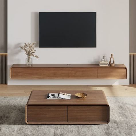 Floating Modern TV Stand for Living Room, Wall-Mounted Entertainment Center with Storage Drawers, Solid Wood, Fully-Assembled - On Sale - Bed Bath & Beyond - 36858389 Wall Mount Tv Stand, Led Unit, Tv Stand Brown, Tv Stand With Drawers, Tv Cabinet Design, Home Hall Design, Floating Tv Stand, Floating Tv, Console Tv