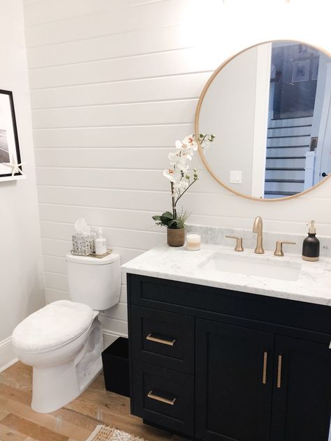 Room Bathroom Ideas, Bathroom Shiplap, Powder Room Bathroom, Farmhouse Powder Room, Shiplap Bathroom, Powder Room Decor, Black Vanity, Downstairs Bathroom, Rooms Reveal