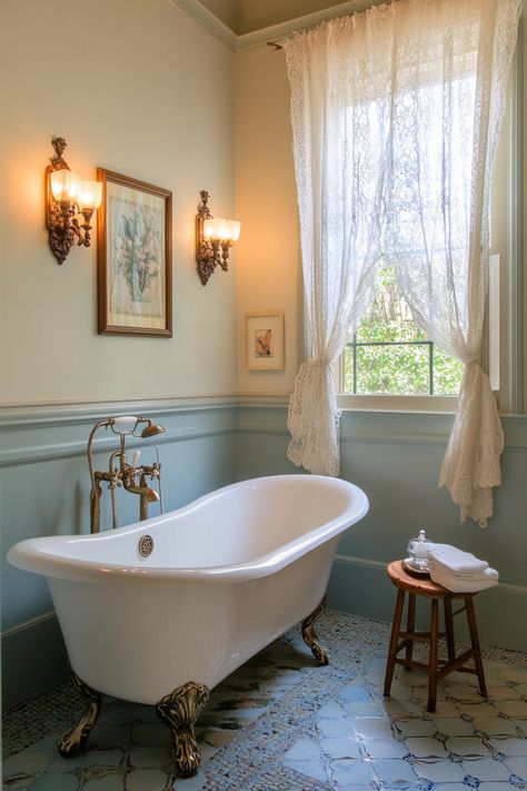 This vintage-style, clawfoot tub creates a serene and luxurious escape in your home. Discover how antique fixtures and lacy curtains can provide modern bathroom ideas for an elegant yet classic design. #BathroomInspo #VintageVibes Cottage Bathroom Clawfoot Tub, Claw Footed Bathtub, Clawfoot Tub Modern Bathroom, Historic Bathroom Ideas, Claw Tub Bathroom, Clawfoot Tub Bathroom Vintage, Clawfoot Tub Shower Combo, Claw Foot Tub Bathroom, Lacy Curtains