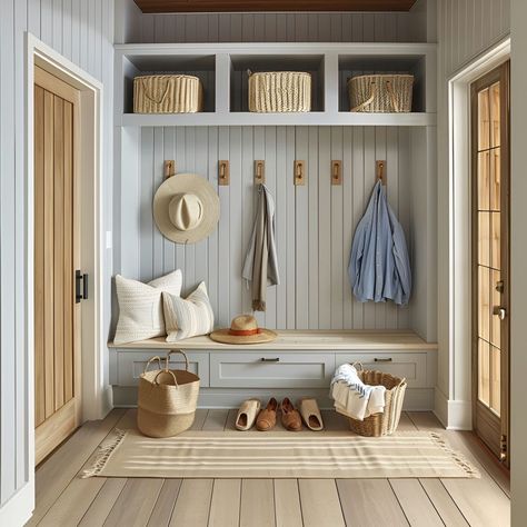 Hallway Entrance Storage, Front Entrance Built In Bench, Coastal Farmhouse Mudroom, Entryway Storage Built In, Light Blue Mudroom, Built In Mudroom Bench With Storage, Hallway Mudroom Narrow, Entryway Built In Bench, Modern Mud Room Ideas