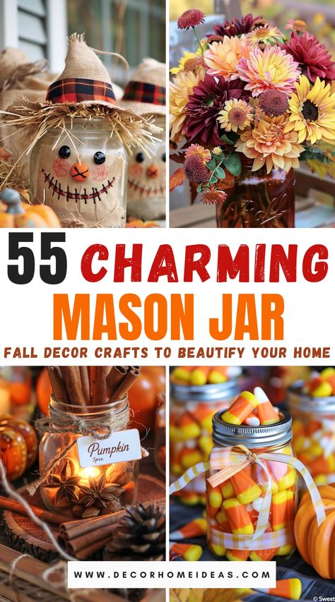 Enhance your home’s autumn ambiance with these 55 lovely mason jar fall decor crafts. This post offers a variety of creative ideas, from candle holders and vases to lanterns and centerpieces. Discover how to transform simple mason jars into charming, seasonal decorations that bring warmth and beauty to your space. Mason Jar Crafts Christmas Gifts, Square Glass Jar Decorating Ideas, Diy Fall Mason Jar Decorations, Pint Jar Crafts, Large Mason Jar Crafts, Fall Make And Take Crafts For Adults, Recycle Bath And Body Works Candle Jars, Quart Jar Crafts, Cream Can Decor Ideas