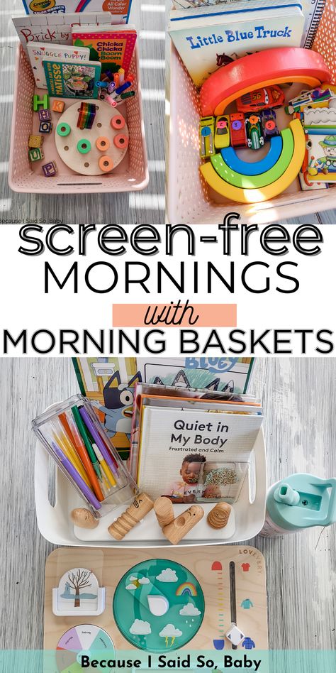 morning baskets for toddlers Morning Baskets, Uppfostra Barn, No Tv, Morning Basket, Homeschool Preschool Activities, Easy Toddler Activities, Morning Activities, Baby Play Activities, Kindergarten Readiness