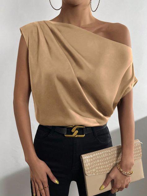 Khaki Elegant Collar Half Sleeve Woven Fabric Plain Top Embellished Non-Stretch  Women Clothing Sleeveless Shirt Women, Womens Basic Tops, Shirt Blouses Women's, Mode Casual, Mode Chic, Elegantes Outfit, Style Noir, Satin Blouse, Elegant Shirt