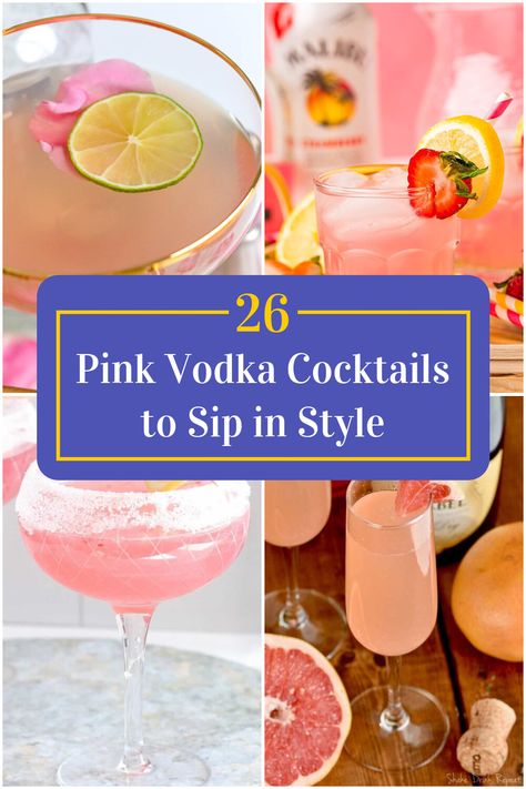 Collage of 4 pink vodka cocktails. Sparkly Pink Cocktails, Pink Glitter Drinks Alcohol, Pink Martini Recipe, Pink Vodka Cocktails, Pink Cocktails Vodka, Pink Vodka Drinks, Pink Cocktail Ideas, Blushing Bride Drink, Pink Cocktails Recipes