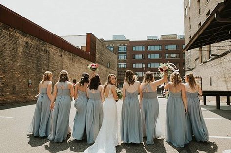 A beautiful #KennedyBlue Seaglass bridal party off to the alter! Check our latest must have color for your upcoming wedding! Interested? Order a swatch to see our Seaglass color in person! Link in bio! | Venue: @514studios | | Photography: @nicoleashleyphoto | | Bridesmaids Dresses: @kennedyblueofficial | | Wedding Dress: @annikabridal | | Menswear: @savviformalwear | | Florist: @thecuttinggardencollective | | Planner: @mavenevents | | Rentals: @collectedrentals | | Desserts: @angelfoodmn | | Ca Designer Bridesmaid Dresses, Bridesmaid Dress Colors, Bridesmaid Dresses Online, Blue Bridesmaid Dresses, Bridesmaids Dresses, Color Swatches, Try On, Bridal Party, Florist