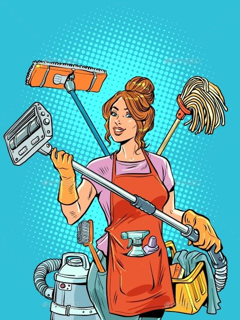 A Beautiful Housewife Girl Organizes Cleaning and Pinup Cleaning Lady, Housework Aesthetic, Cleaning The House Aesthetic, Girl Cleaning House, Cleaning Lady Pictures, Cleaning Advertising Ideas, Housewife Illustration, Cleaning Illustration, Cleaning Ads