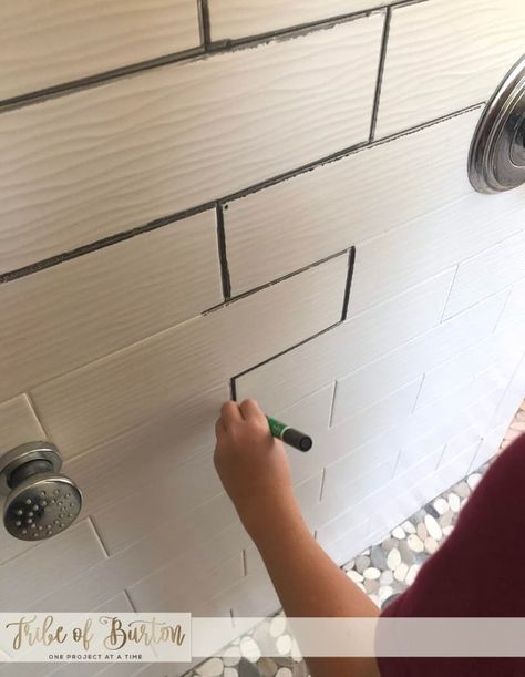 Paint Tile And Grout, Can You Paint Grout Lines, Grout Stain Before And After, Painting Ceramic Wall Tile Bathroom, Painting Tile Grout Lines, Painting Grout Lines Fireplace, Paint Grout Lines Bathroom, Staining Grout Darker, Painted Grout Before And After