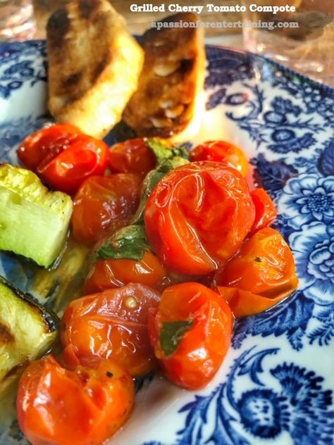 Grilled Cherry Tomato Compote · A Passion for Entertaining Tomato Compote, Cherry Tomato, Crusty Bread, Grilled Meat, The Grill, It's Hot, 4 Ingredients, Cherry Tomatoes, Appetizer