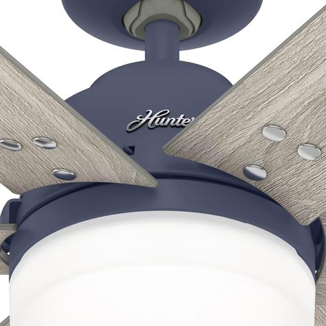 Small in size, but big in cooling power. Built with our SureSpeed® Guarantee, the Pacer small room ceiling fan packs a punch and delivers airflow you can feel. The Pacer blends modern design with rustic elements like rivets and rustic wood blade finishes for a look thats at home in farmhouse or bohemian style spaces. FeaturesExclusive SureSpeed Rated for indoor use only 2 bulbs included Handheld remote included Due to lighting and monitor differences, actual colours and finishes may vary slightly from what appears online. | Hunter Pacer 44" Ceiling Fan with LED Lights in Indigo Blue | Nebraska Furniture Mart Nautical Lights Ceiling, Farmhouse Bedroom Ceiling Fan With Light, Boys Room Ceiling Fan, Kitchen Ceiling Fan With Light, Coastal Ceiling Fans With Lights, Coastal Ceiling Fans, Small Room Ceiling, Blue Ceiling Light, Pink Ceiling Fan