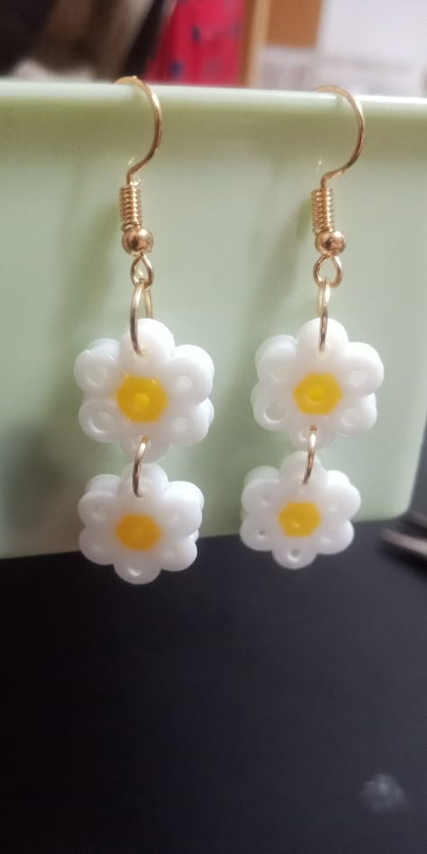 Perler Fuse Beads Perler Bead Flower Earrings, Melty Bead Jewelry, Small Star Perler Bead Patterns, Melting Beads Earrings, Perler Bead Earrings Ideas, Melted Bead Earrings, Pearler Bead Flower Patterns, Iron Beads Ideas Cute Easy, Pearled Bead Ideas Aesthetic