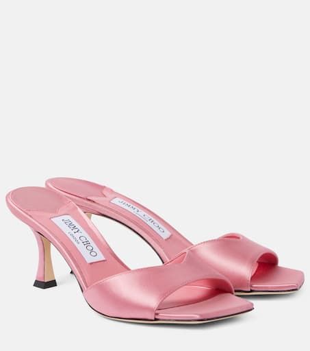 Skye 70 satin mules in pink - Jimmy Choo | Mytheresa Pink Designer Heels, Burmese Outfit, Mcbling Aesthetic, Footwear Photography, Pink Bridal Shoes, Jimmy Choo Sandals, Jimmy Choo Heels, Mid Heel Sandals, Fancy Shoes