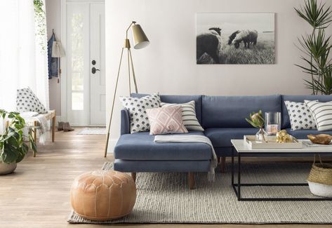 Celia Velvet Sectional & Reviews | Joss & Main Coastal Style Interior, Eclectic Living Room Design, Blue Couch, Interior Livingroom, Apartment Vibes, Virginia House, Grey Sofa, Living Room Trends, Eclectic Living Room