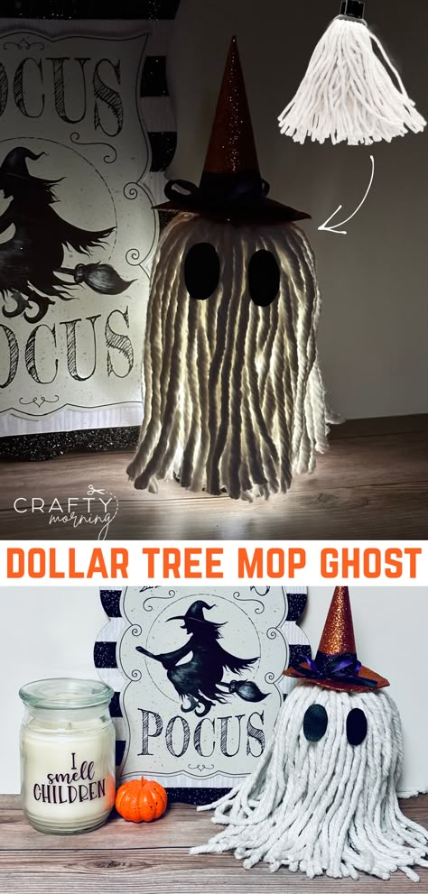 mop ghost Diy Halloween Light Up Ghost, Mop Head Light Up Ghost, Mop Head Crafts Ideas Halloween, Diy Mop Ghost, Diy Dollar Tree Mop Head Ghost, Halloween Crafts From Dollar Tree, Mophead Ghost, Dollar Tree Mop Ghost, Dollar Store Ghost Diy