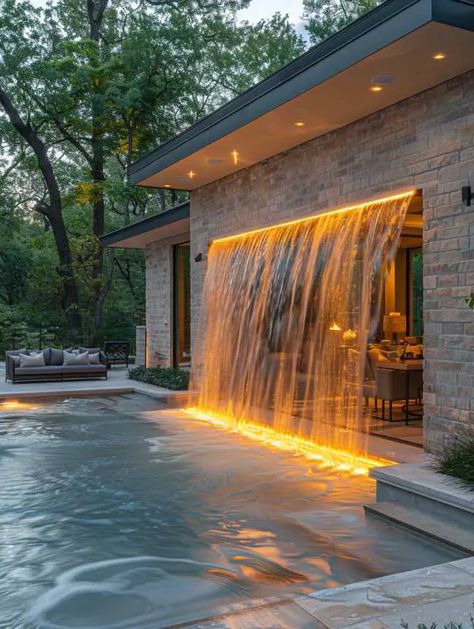 Large Backyard Waterfall, Luxury Backyards With Pools, Small Pool Waterfall Ideas, Modern Pool With Waterfall, Small Pool Backyard Landscaping, Plunge Pool With Waterfall, Reflection Pool Garden, Pool With Fountain Wall, Pool With Waterfall Wall