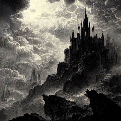 Dark Fantasy Landscape Art, Dark Ages Aesthetic, Black And White Fantasy Art, Dark Fantasy Medieval, Gothic Castle Aesthetic, Dark Fantasy Castle, Dark Fantasy Landscape, Dark Fantasy Aesthetic, Goth Castle