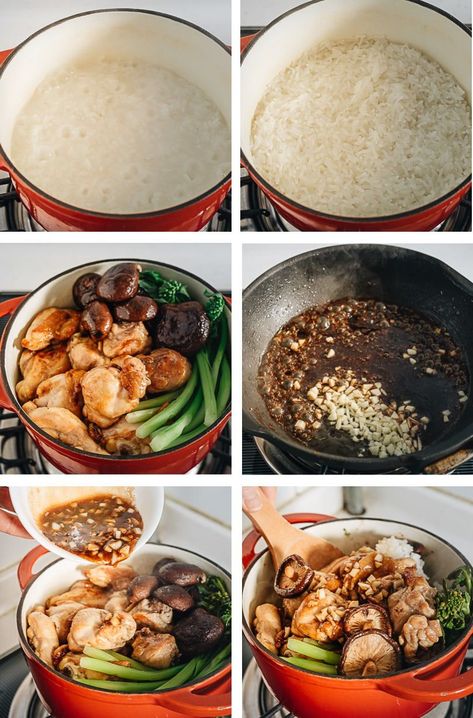 Clay Pot Chicken Rice - This clay pot chicken rice is so addictive! Beyond the greatness of the tender and moist chicken, the rice absorbs all the extract from the mushrooms and chicken grease, and is then seasoned with oyster sauce. It is SO good! My recipe teaches you the easiest way to create a super flavorful one-pot dinner without a clay pot or rice cooker. Claypot Rice Recipe Chinese, Claypot Rice Recipe, Clay Pot Chicken, Clay Pot Cooking Recipes, Nostalgic Recipes, Claypot Chicken Rice, Claypot Rice, Chicken Rice Recipe, Cabin Food