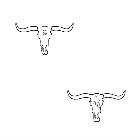 Long Horn Tattoo Outline, Long Horn Tattoo For Women Simple, Longhorn Line Tattoo, Cow Stick And Poke, Long Horn Drawing Simple, Simple Cow Skull Tattoo, Longhorn Doodle, Simple Western Doodles, Western Stick And Poke Tattoo