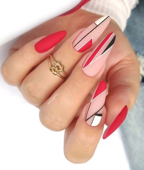 Nail arts/ nail polish/ red Geometric Nail Designs, Abstract Nail Designs, Nails Abstract, Smart Nails, Girls Nail Designs, Ring Finger Nails, Chic Nail Designs, Abstract Nails, Unghie Nail Art