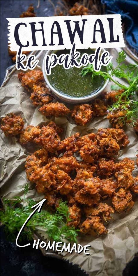 Chawal Ke Pakode or Rice Pakora is a wonderful teatime snack, best enjoyed with warm tea on a cold wintry day. Here is how to make it. Pakode Recipe, Vegetarian Food List, Lunch Appetizers, Pakora Recipes, Chaat Masala, Desi Food, Tea Time Snacks, Evening Snacks, Tasty Bites