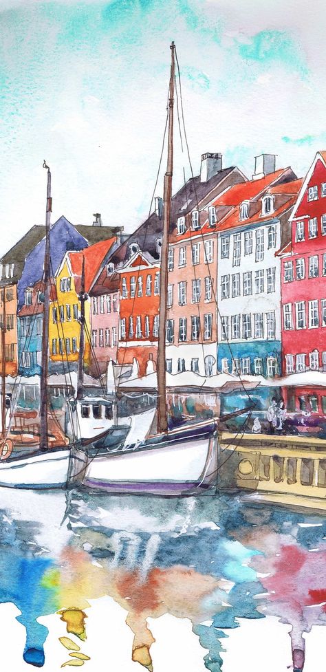 Copenhagen Print Denmark Wall art Europe skyline | Etsy Copenhagen Watercolor, Denmark Illustration, Copenhagen Wallpaper, Copenhagen Painting, Copenhagen Denmark Aesthetic, Skyline Watercolor Painting, Europe Watercolor, Denmark Landscape, Copenhagen Aesthetic