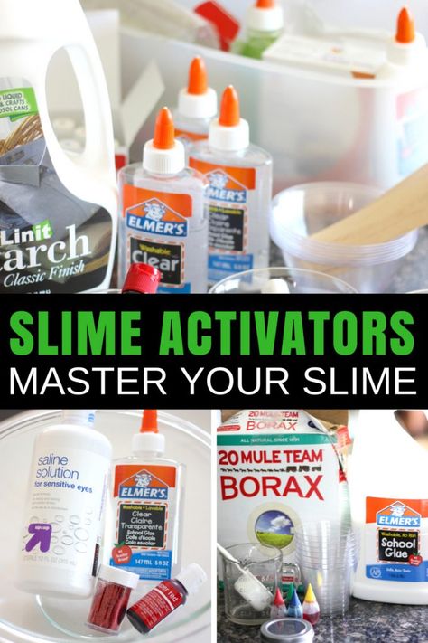 Making AMAZING homemade slime is all about having the right slime ingredients. The best ingredients include the right slime activator and the right glue. Here is my BEST slime activator list to get you started, and I will share some tips for making the easiest slime ever with these different slime activators. Discover how to master your slime recipes with the right supplies. Slime With Activator And Glue, Activators For Slime, Slime Activator Recipes, Activator For Slime, Ingredients For Slime, Fluffy Slime Without Glue, Slime Science, Borax Slime Recipe, Borax Free Slime