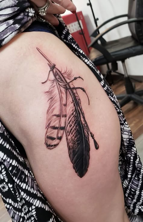 Black And Gray Feather Tattoo, Western Feather Tattoo, Realistic Feather Tattoo, Native Feather Tattoos, Eagle Feather Tattoo, Native American Feather Tattoo, Owl Feather Tattoos, Thunderbird Tattoo, Western Sleeve