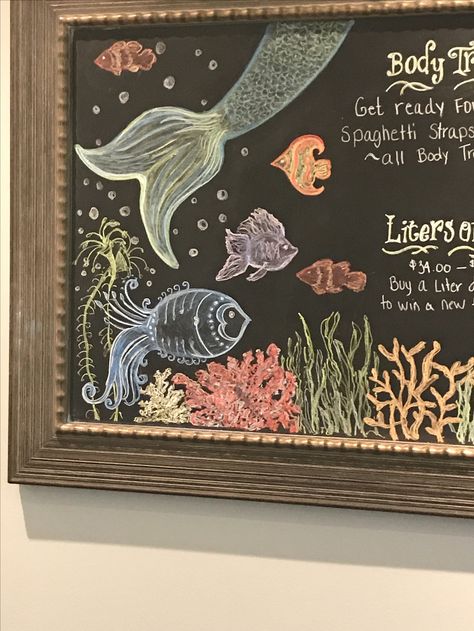 chalkboard art under the sea and mermaids Sea Chalkboard Art, Ocean Chalkboard Art, Under The Sea Chalk Art, Mermaid Chalkboard Art, Mermaid Chalk Art, Beach Chalkboard Art, Chalkboard Wall Diy, Mermaid Chalkboard, Adventure Classroom