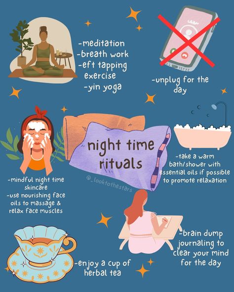 You are guaranteed a relaxing night by incorporating at least 3 of these rituals into your daily night time routine ✨🌛 In order for your body to relax it has to understand it’s time to relax. My favorite nightly routine to unwind at night is a nice warm cup of tea. The whole act of making the tea & holding the warm mug in my hand while I watch my favorite shows lets me body & mind know this is our time to ✨chill✨ What’s a staple in your night time routine? • • • • #holisticwellness #holi... Night Spiritual Routine, Nighttime Rituals Witch, Night Time Wind Down Routine, Night Rituals Witch, Slow Night Routine, Witch Night Routine, Witchy Night Routine, Morning Rituals Daily Routines, Spiritual Night Routine