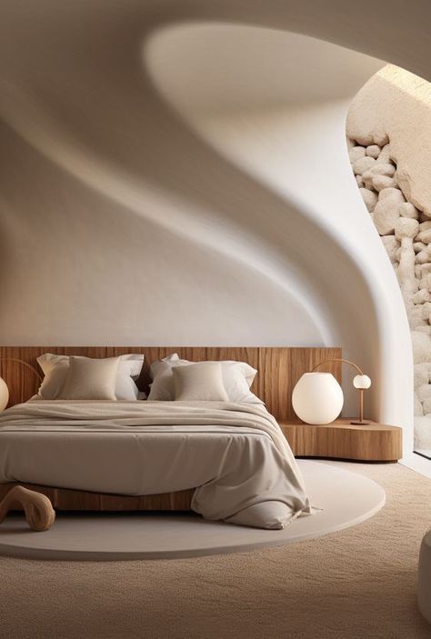 Futuristic Bedroom, Curved Bed, Neoclassical Interior, Minimalist Bed, Neutral Bedding, Hotel Room Design, Interior Design Consultation, Futuristic Interior, Curved Walls