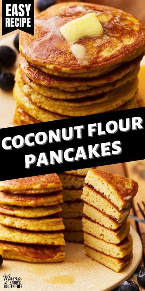 An easy recipe for coconut flour pancakes. This coconut flour pancake recipe is light, delicious, and naturally gluten-free. Pancakes With Coconut Flour, Mama Knows Gluten Free, Recipes Using Coconut Flour, Peanut Free Desserts, Coconut Flour Pancakes Recipe, Gluten Free Brunch, Histamine Diet, Coconut Flour Pancakes, Flours Banana Bread