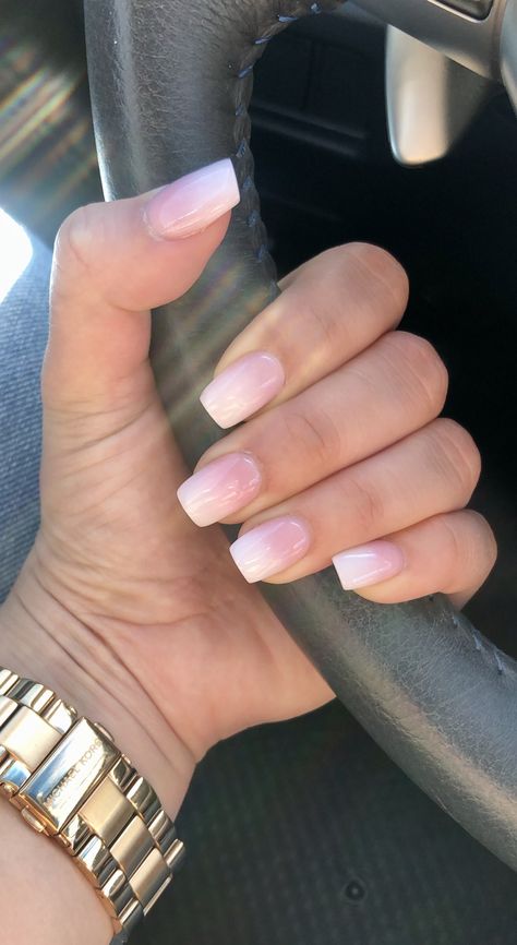 Ombre Nail Designs Natural, Short Faded French Nails, Short Acrylic Nails Ombre French, Natural Ombre Acrylic Nails Short, Sns Nails Natural Look, Short And Natural Acrylic Nails, Short Square Ombré Nails, French Ombre Gel Nails Short, Acrylic Ombre Nail Designs Short