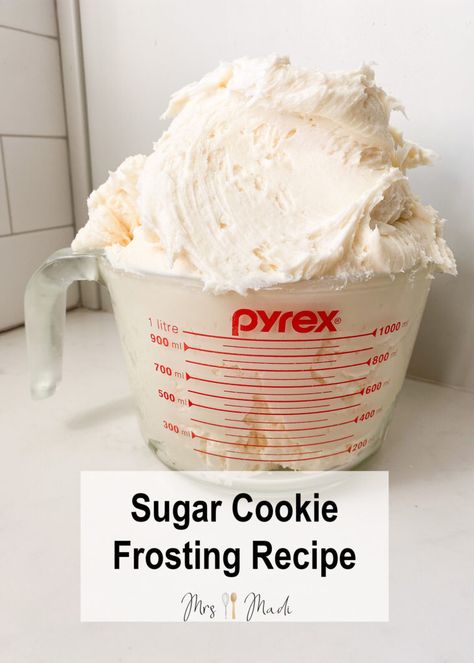 Pin this recipe and make this yummy frosting at home!  Click this pin for the full recipe. The very best sugar cookie frosting there is. This unique frosting is a dance of flavors all complimenting each other. Home Made Frosting For Sugar Cookies, Corn Syrup Frosting, Pillsbury Icing Recipe, Sweetex Frosting Recipe, Sugar Cookie Frosting Recipe Easy, Thick Frosting Recipe, Confectionary Sugar Frosting, How To Make Frosting For Cakes, Buttercream Cookie Frosting